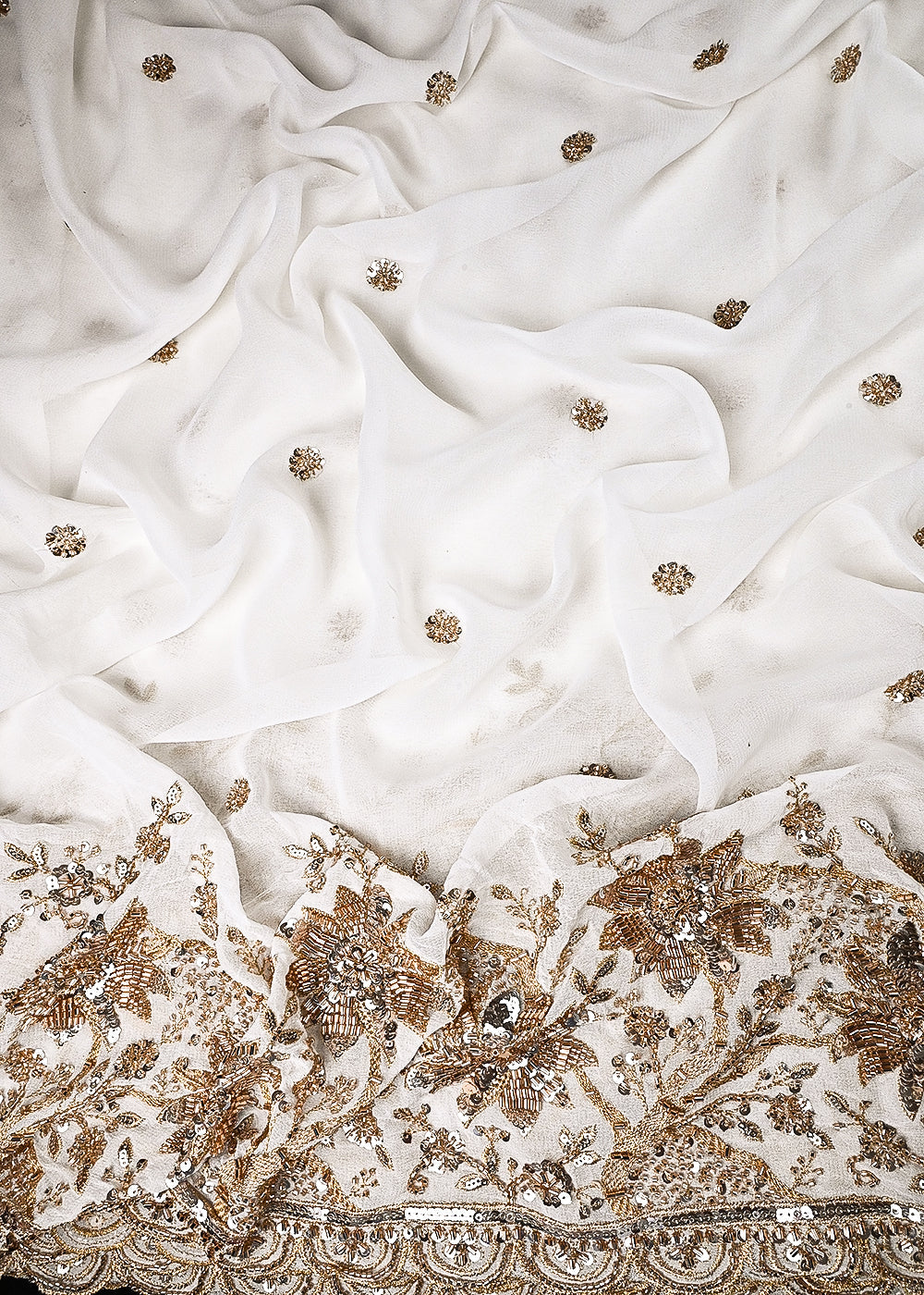 White Dyeable Georgette Fabric With All Over Zari, Sequins, Katdana Work With One Side Border 24745
