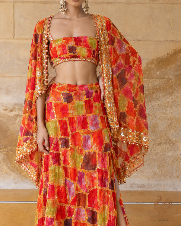 Mustard Crepe Fabric With All Over Thread, Zari, Sequins Work With One Side Border 24747