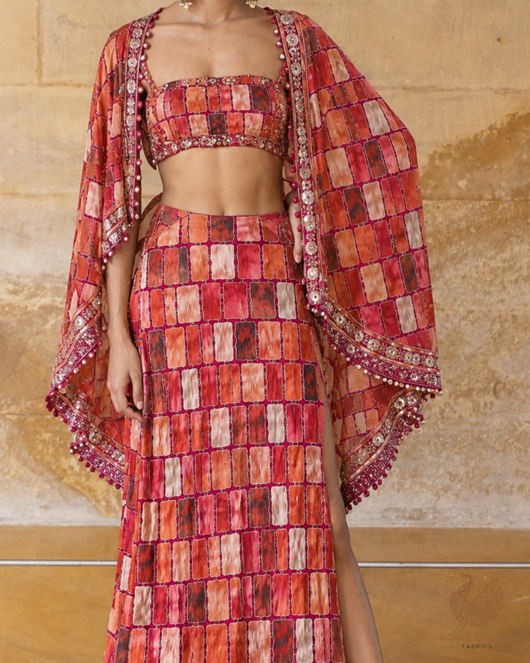 Wine Crepe Fabric With All Over Thread, Zari, Sequins Work With One Side Border 24748