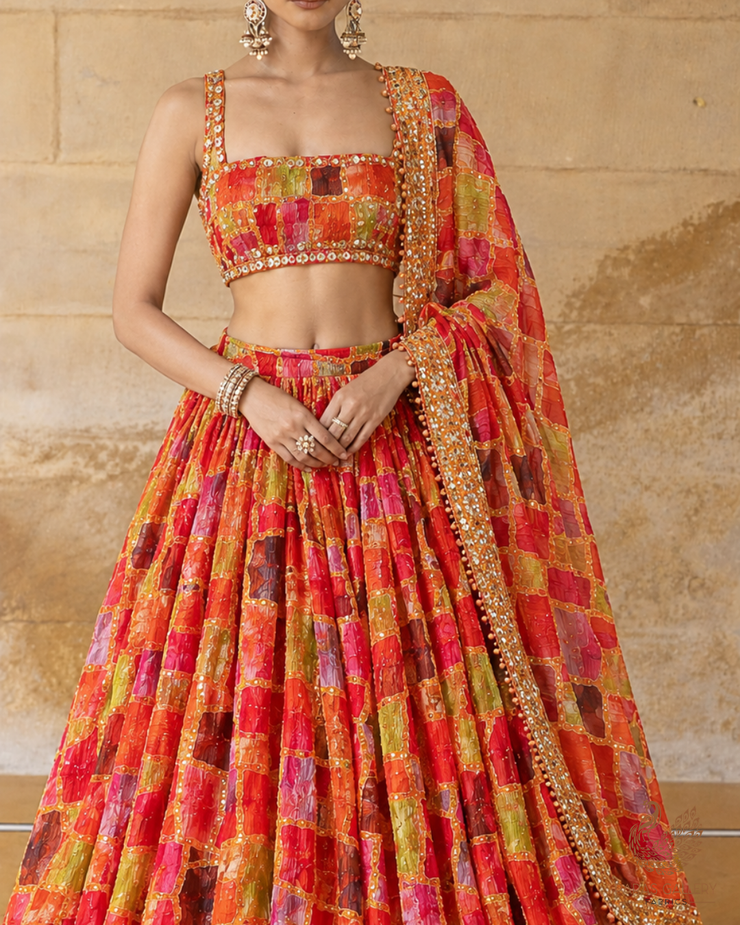 Mustard Crepe Fabric With All Over Thread, Zari, Sequins Work With One Side Border 24747