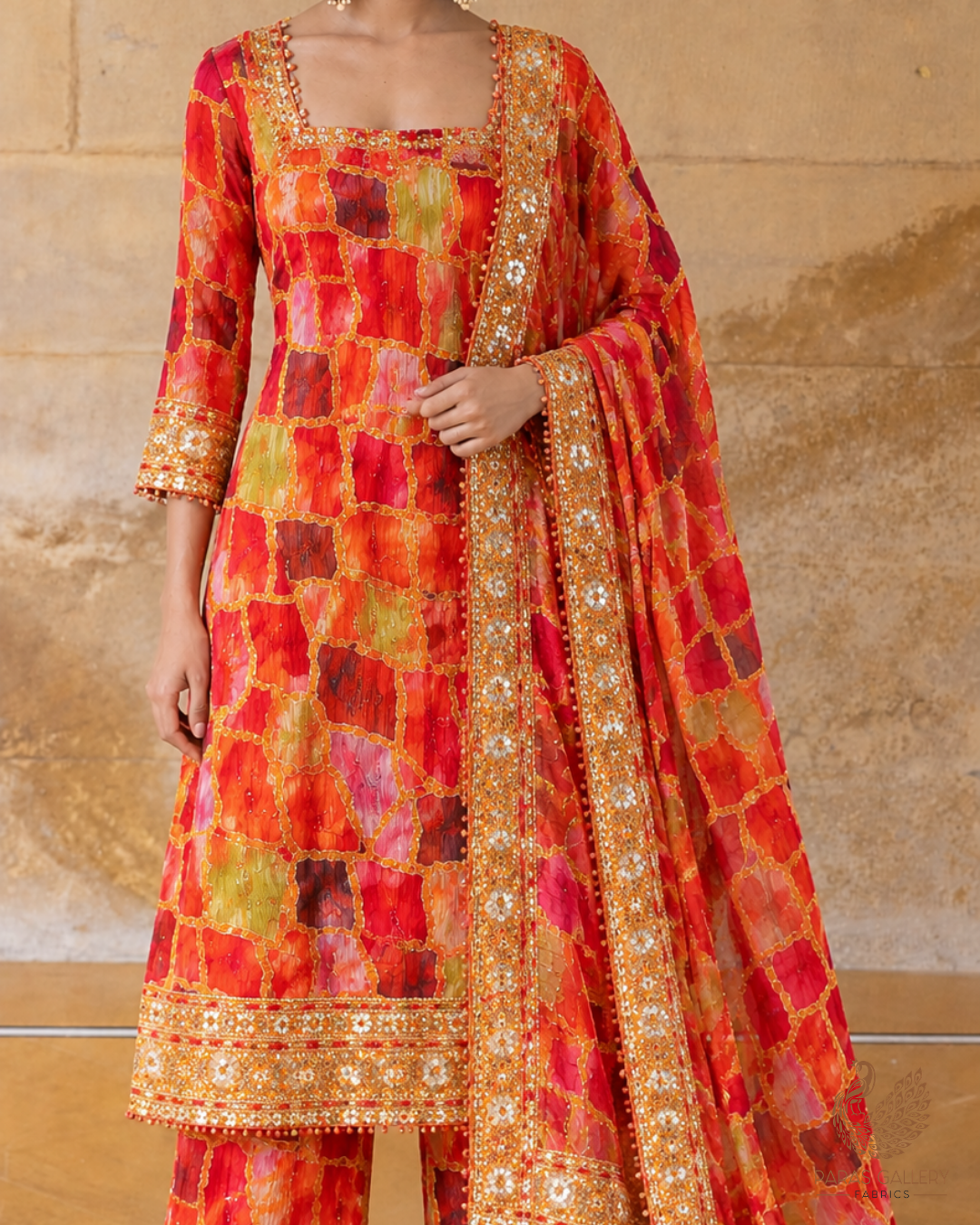 Mustard Crepe Fabric With All Over Thread, Zari, Sequins Work With One Side Border 24747