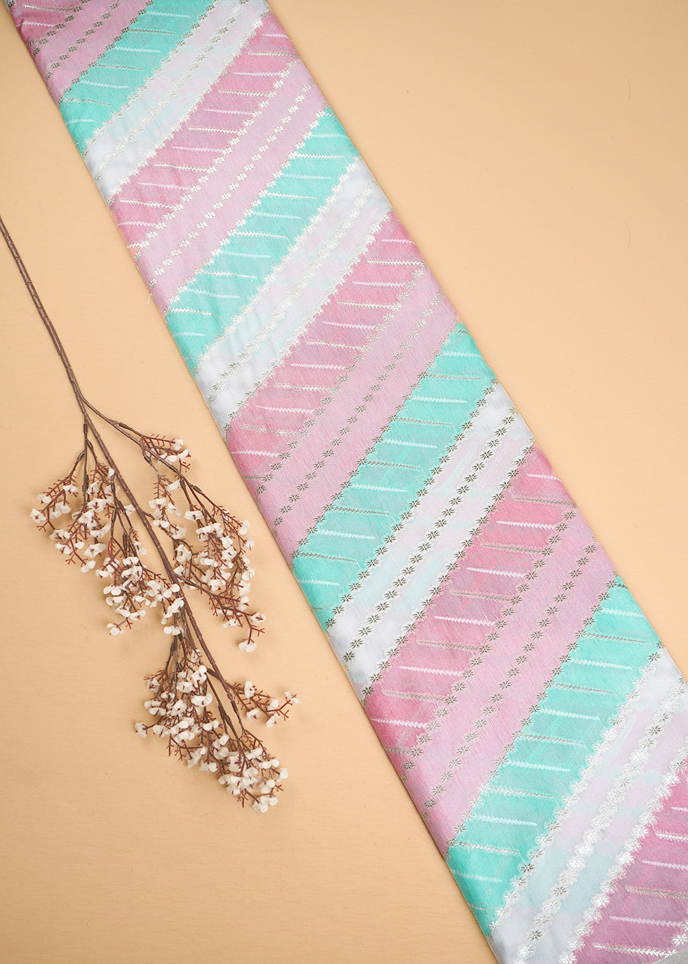 Mint Green Banarasi Brocade Fabric With All Over Zari Handloom 24760