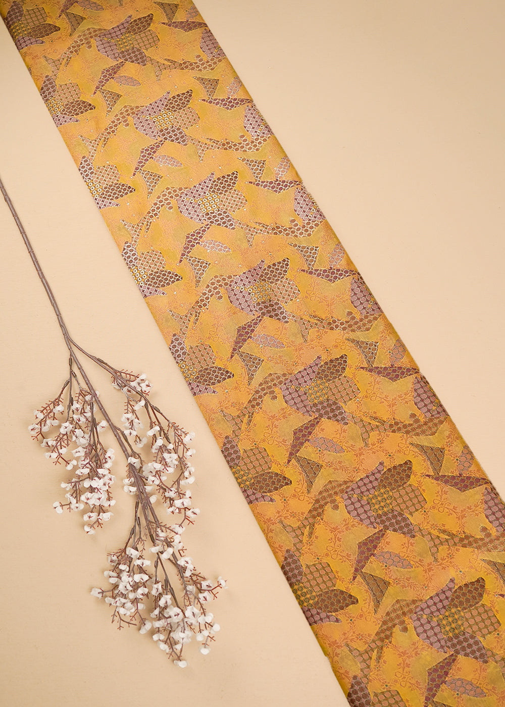Mustard Banarasi Brocade Fabric With All Over Thread And Zari Handloom 24766