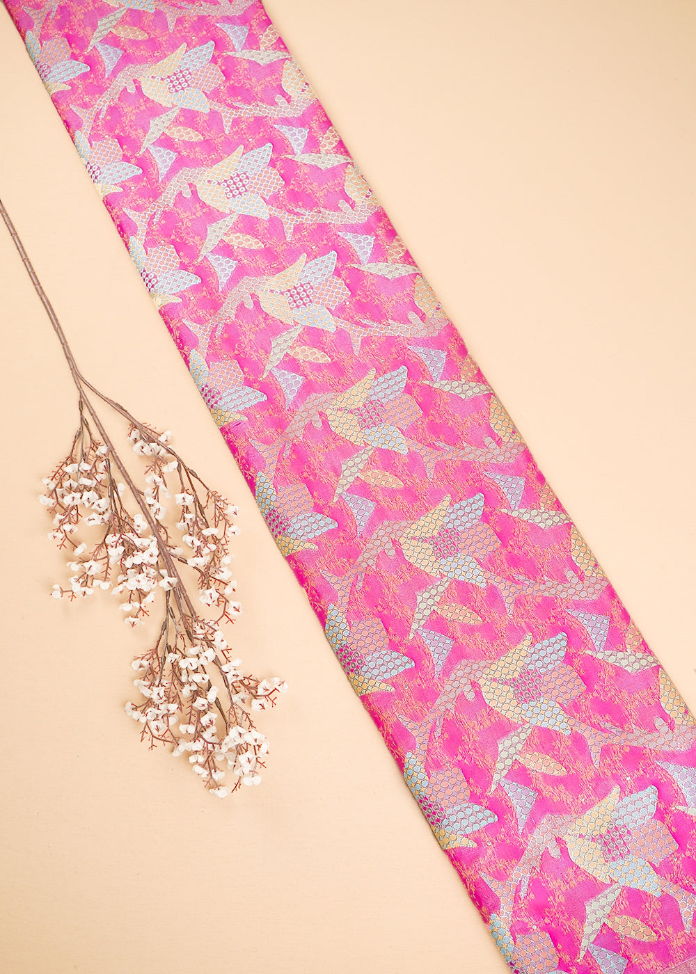 Pink Banarasi Brocade Fabric With All Over Thread And Zari Handloom 24767