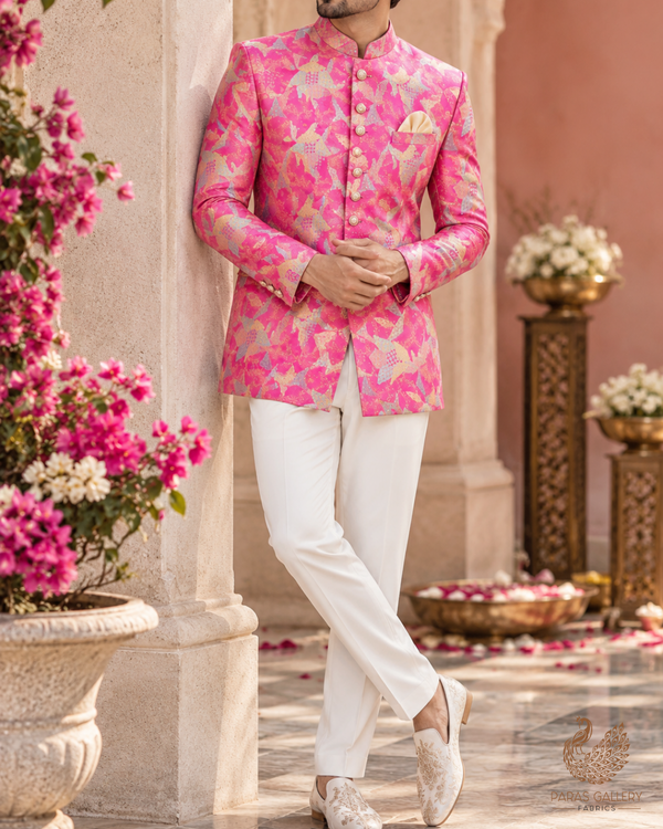 Pink Banarasi Brocade Fabric With All Over Thread And Zari Handloom 24767