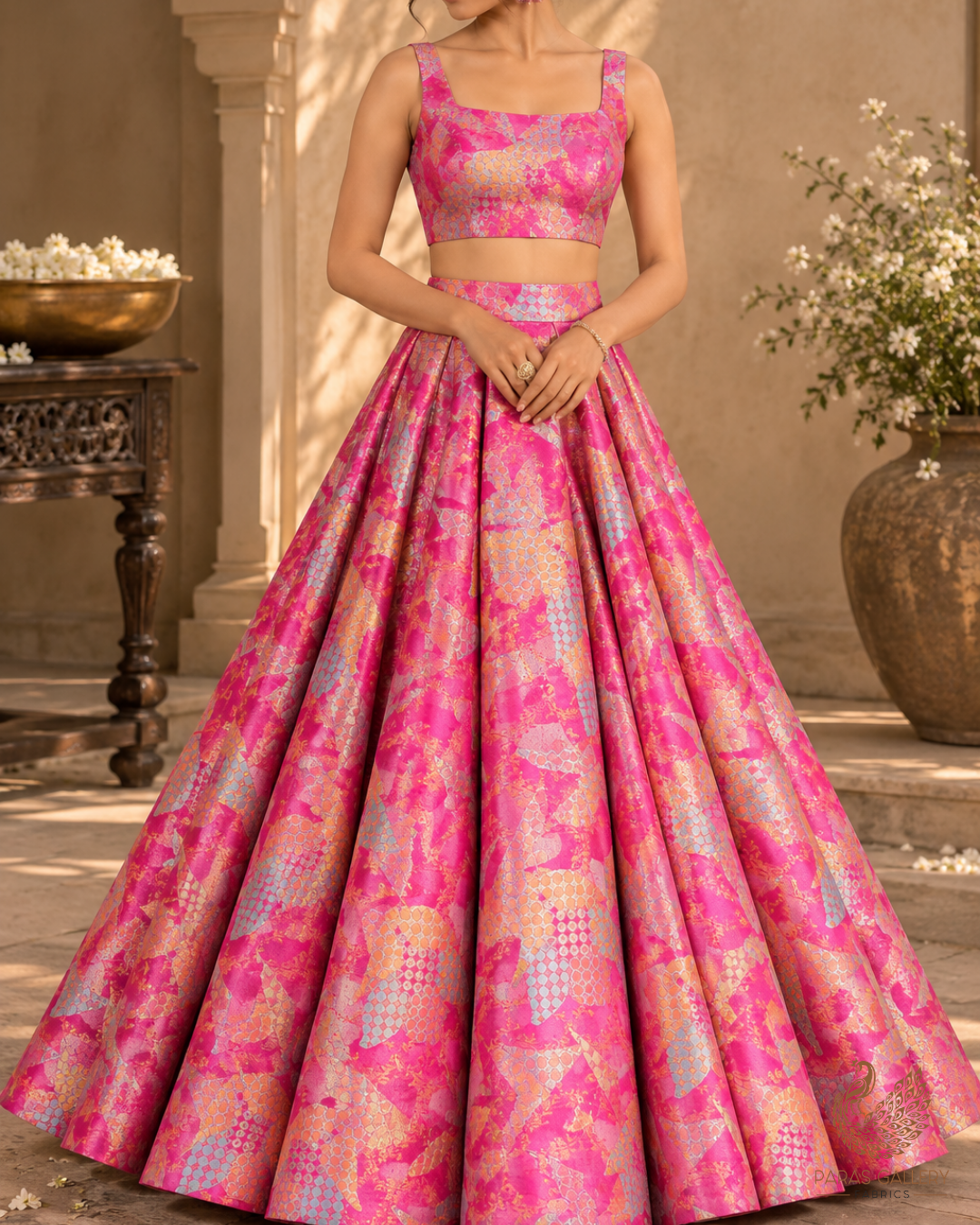 Pink Banarasi Brocade Fabric With All Over Thread And Zari Handloom 24767