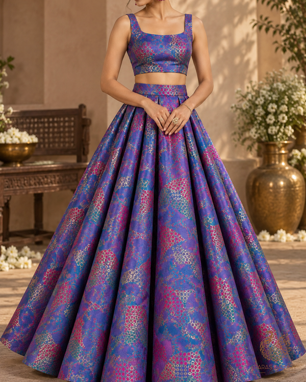 Blue Banarasi Brocade Fabric With All Over Thread And Zari Handloom 24768