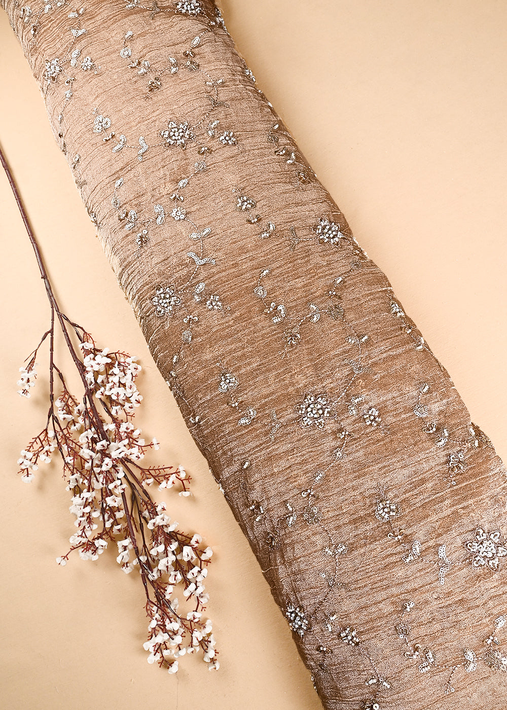 Peach Crushed Tissue Fabric With All Over Zari, Sequins, Katdana And Bead Work 24782