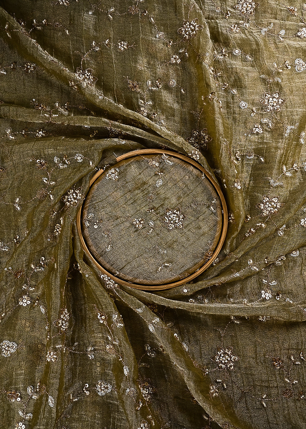 Mehendi Green Crushed Tissue Fabric With All Over Zari, Sequins, Katdana And Bead Work 24783