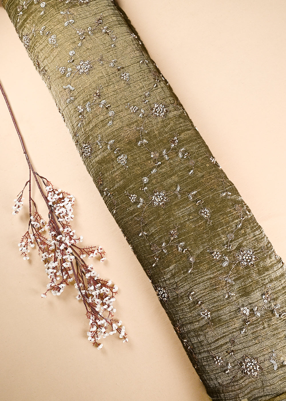 Mehendi Green Crushed Tissue Fabric With All Over Zari, Sequins, Katdana And Bead Work 24783
