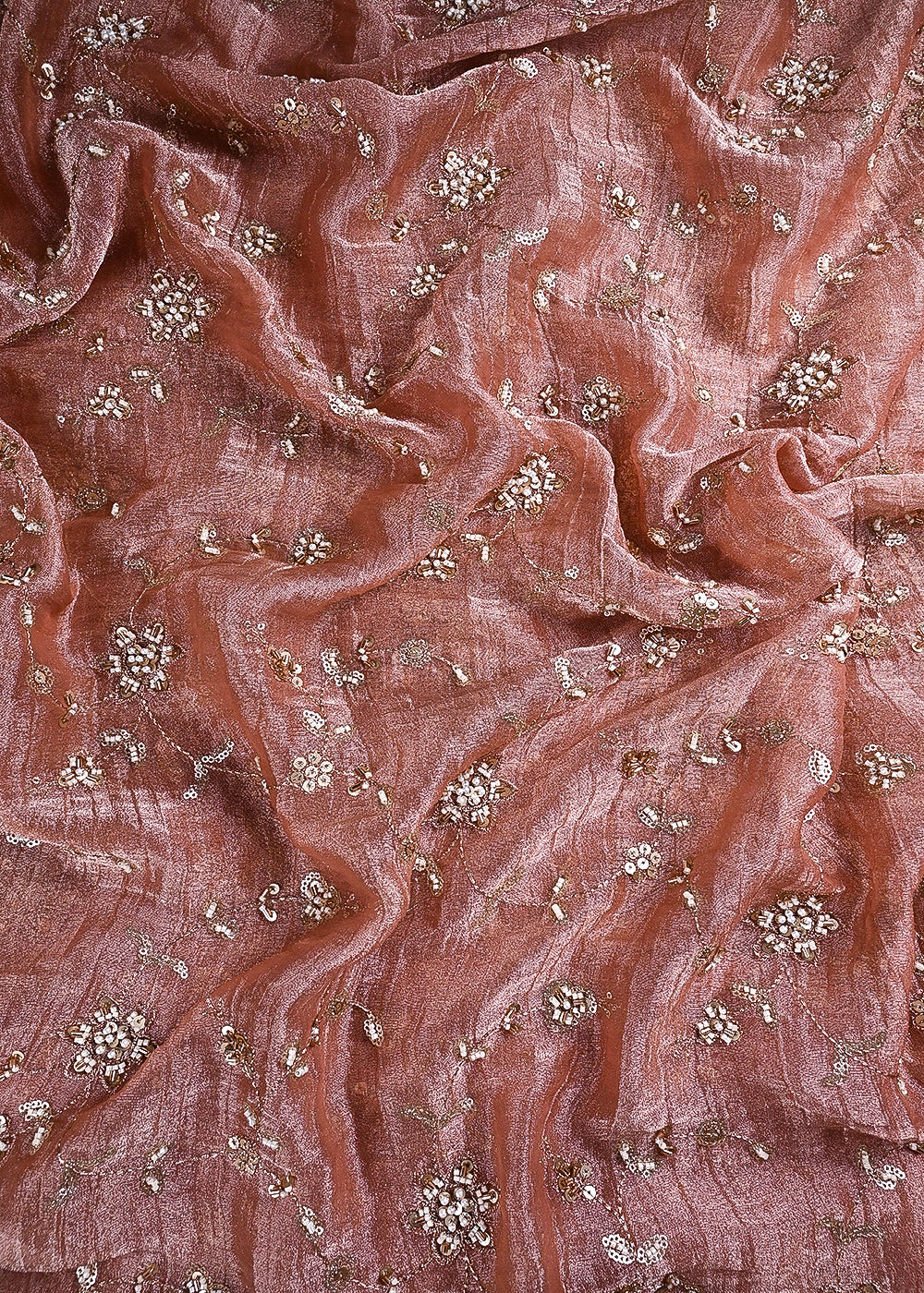 Onion Pink Crushed Tissue Fabric With All Over Zari, Sequins, Katdana And Bead Work 24784