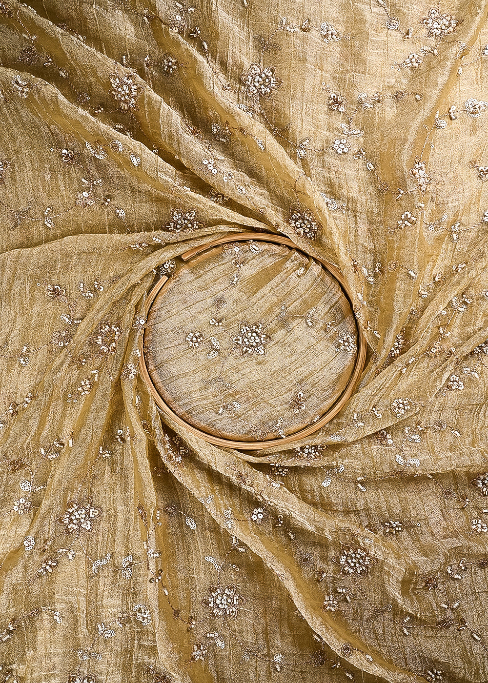 Golden Crushed Tissue Fabric With All Over Zari, Sequins, Katdana And Bead Work 24785