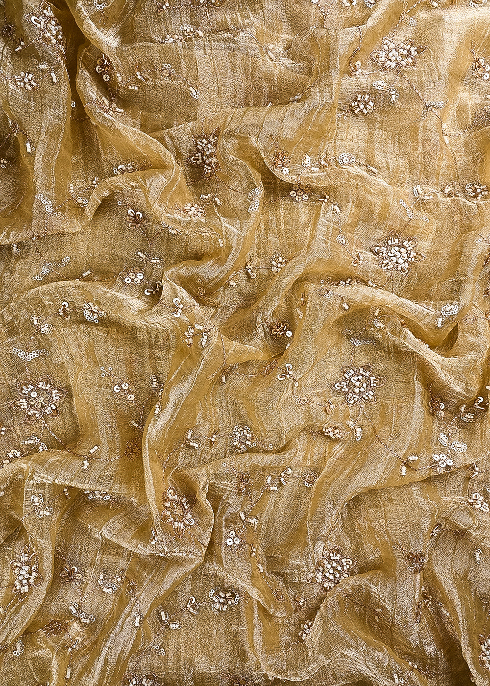 Golden Crushed Tissue Fabric With All Over Zari, Sequins, Katdana And Bead Work 24785