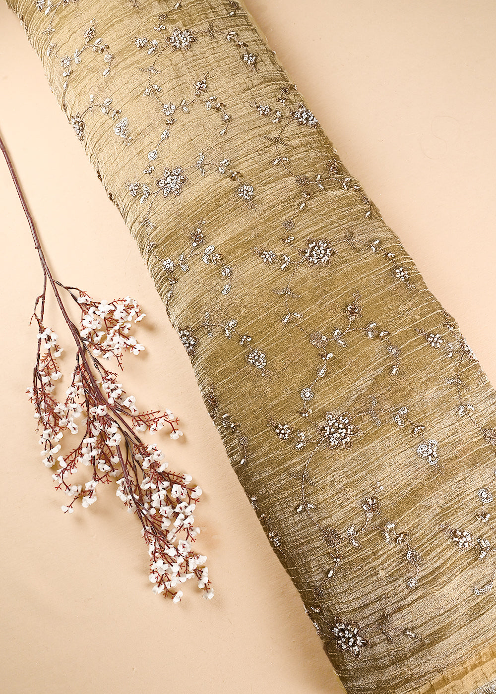 Golden Crushed Tissue Fabric With All Over Zari, Sequins, Katdana And Bead Work 24785