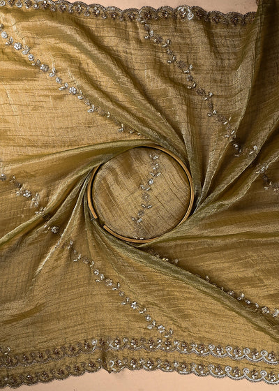 Mehendi Green Crushed Tissue Dupatta Fabric With All Over Sequins, Katdana And Bead Work 24786