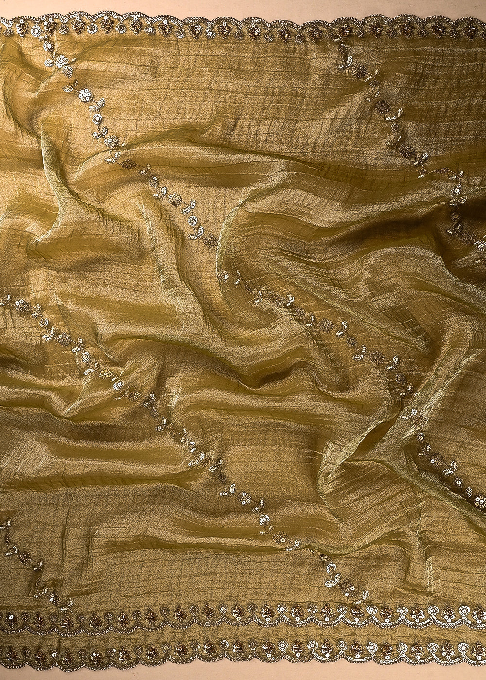 Mehendi Green Crushed Tissue Dupatta Fabric With All Over Sequins, Katdana And Bead Work 24786