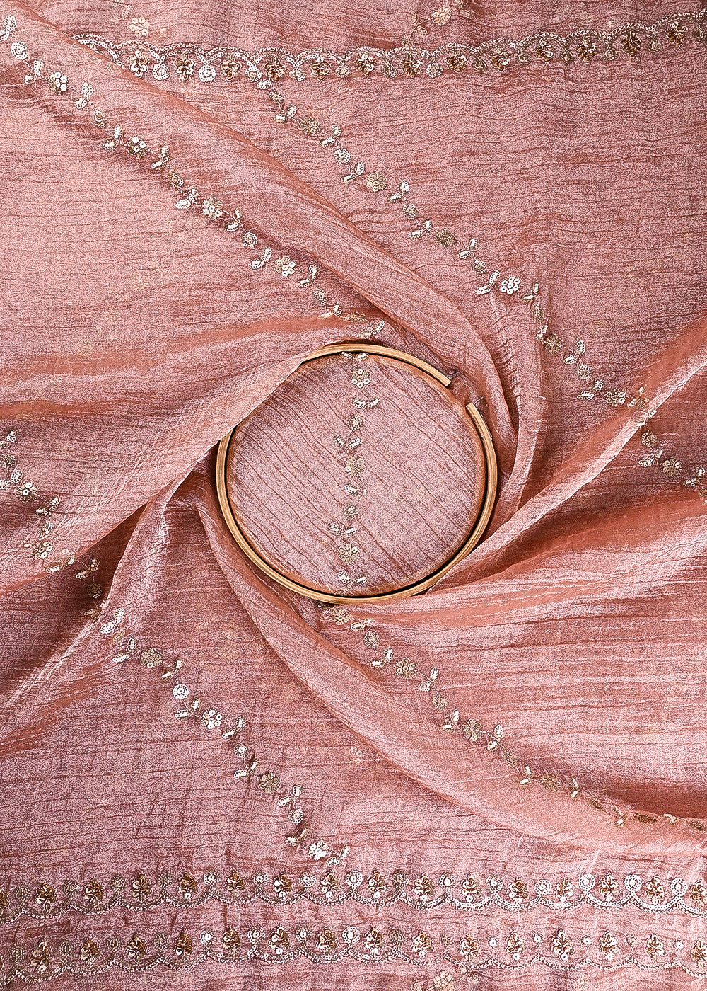 Onion Pink Crushed Tissue Dupatta Fabric With All Over Sequins, Katdana And Bead Work 24787