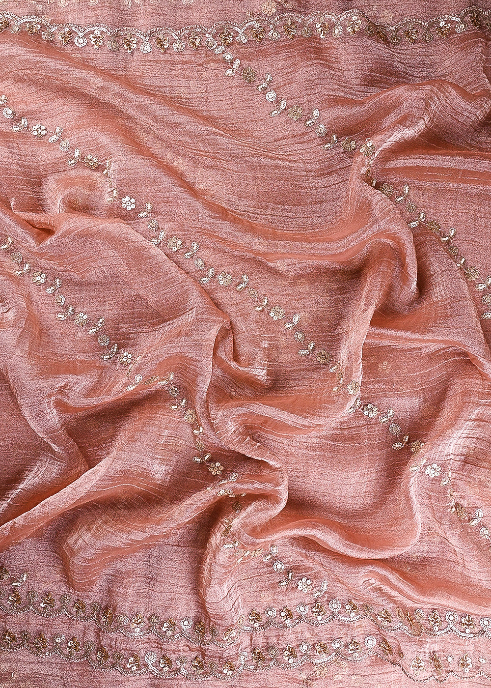 Onion Pink Crushed Tissue Dupatta Fabric With All Over Sequins, Katdana And Bead Work 24787