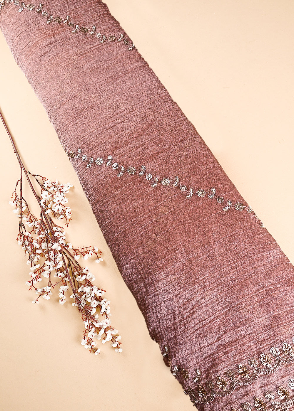 Onion Pink Crushed Tissue Dupatta Fabric With All Over Sequins, Katdana And Bead Work 24787