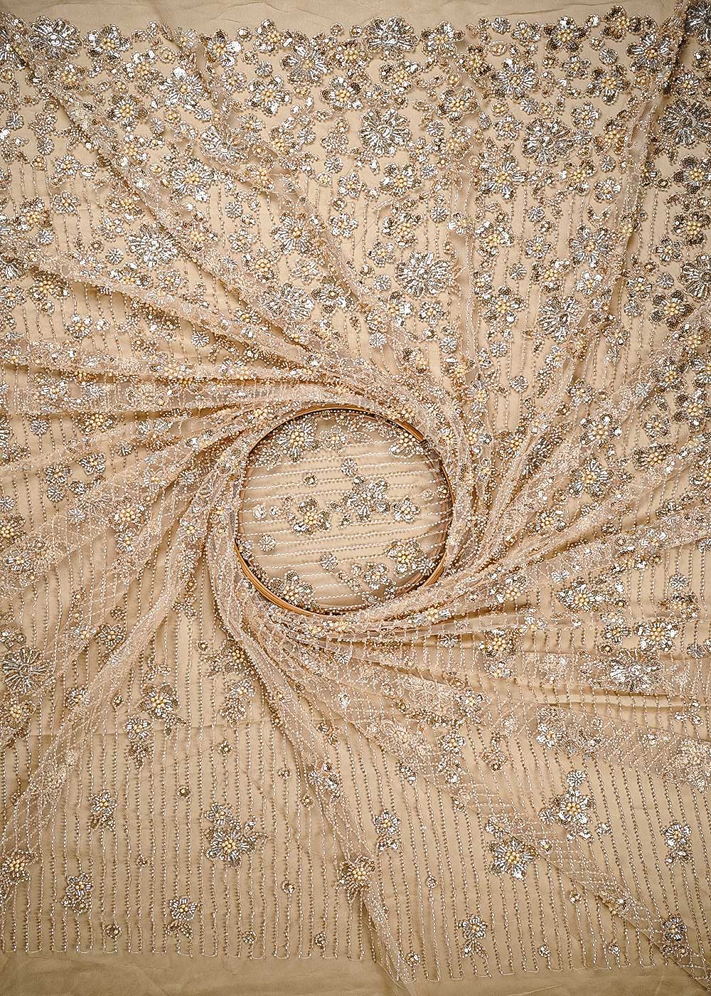 Chiku Imported Net Fabric With All Over Sequins, Katdana And Bead Work With One Side Heavy Border 24790