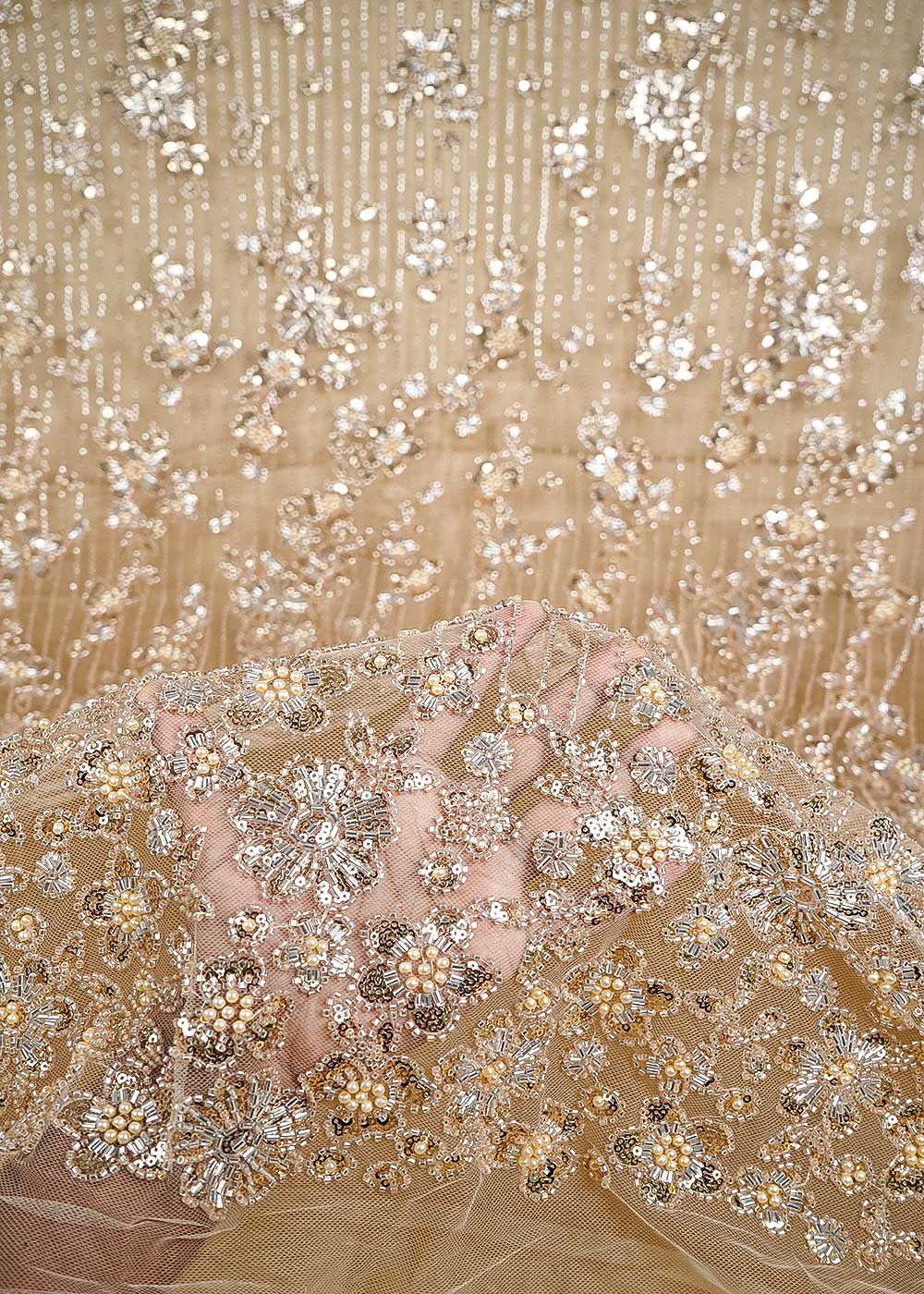 Chiku Imported Net Fabric With All Over Sequins, Katdana And Bead Work With One Side Heavy Border 24790