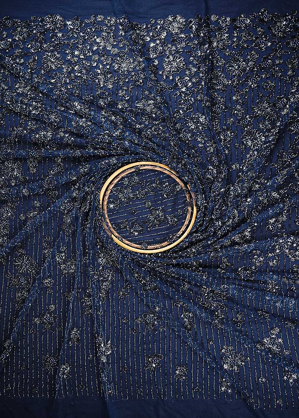 Navy Blue Imported Net Fabric With All Over Sequins, Katdana And Bead Work With One Side Heavy Border 24791