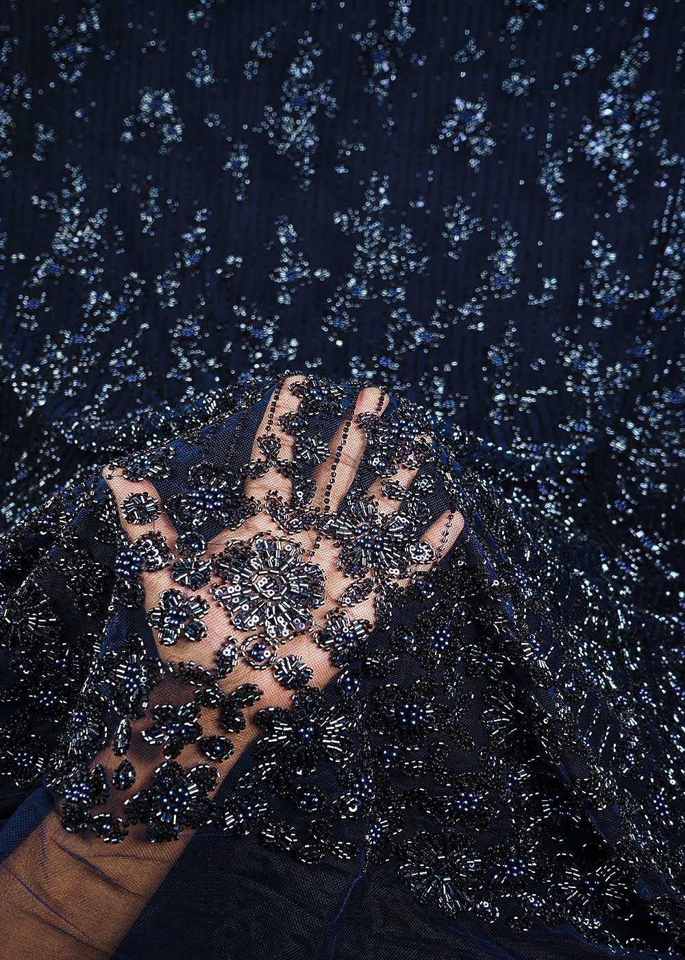Navy Blue Imported Net Fabric With All Over Sequins, Katdana And Bead Work With One Side Heavy Border 24791
