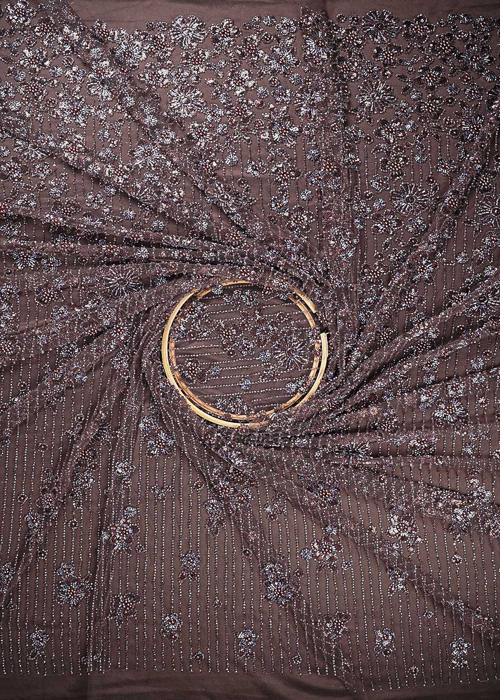 Coffee Imported Net Fabric With All Over Sequins, Katdana And Bead Work With One Side Heavy Border 24792