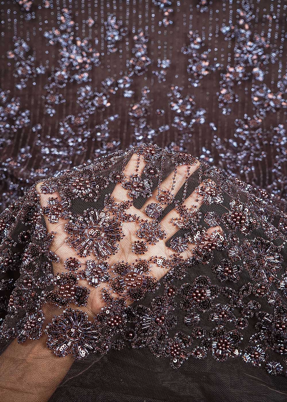 Coffee Imported Net Fabric With All Over Sequins, Katdana And Bead Work With One Side Heavy Border 24792