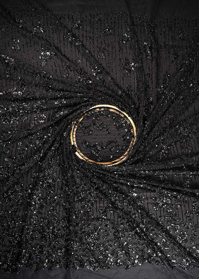 Black Imported Net Fabric With All Over Sequins, Katdana And Bead Work With One Side Heavy Border 24793