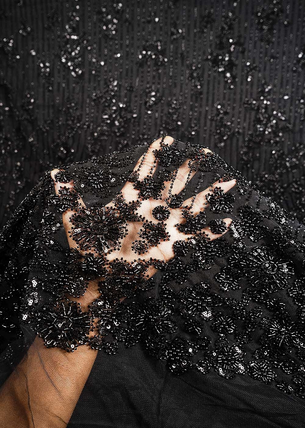 Black Imported Net Fabric With All Over Sequins, Katdana And Bead Work With One Side Heavy Border 24793