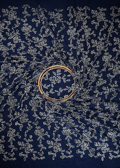 Navy Blue Imported Net Fabric With All Over Katdana Work 24795