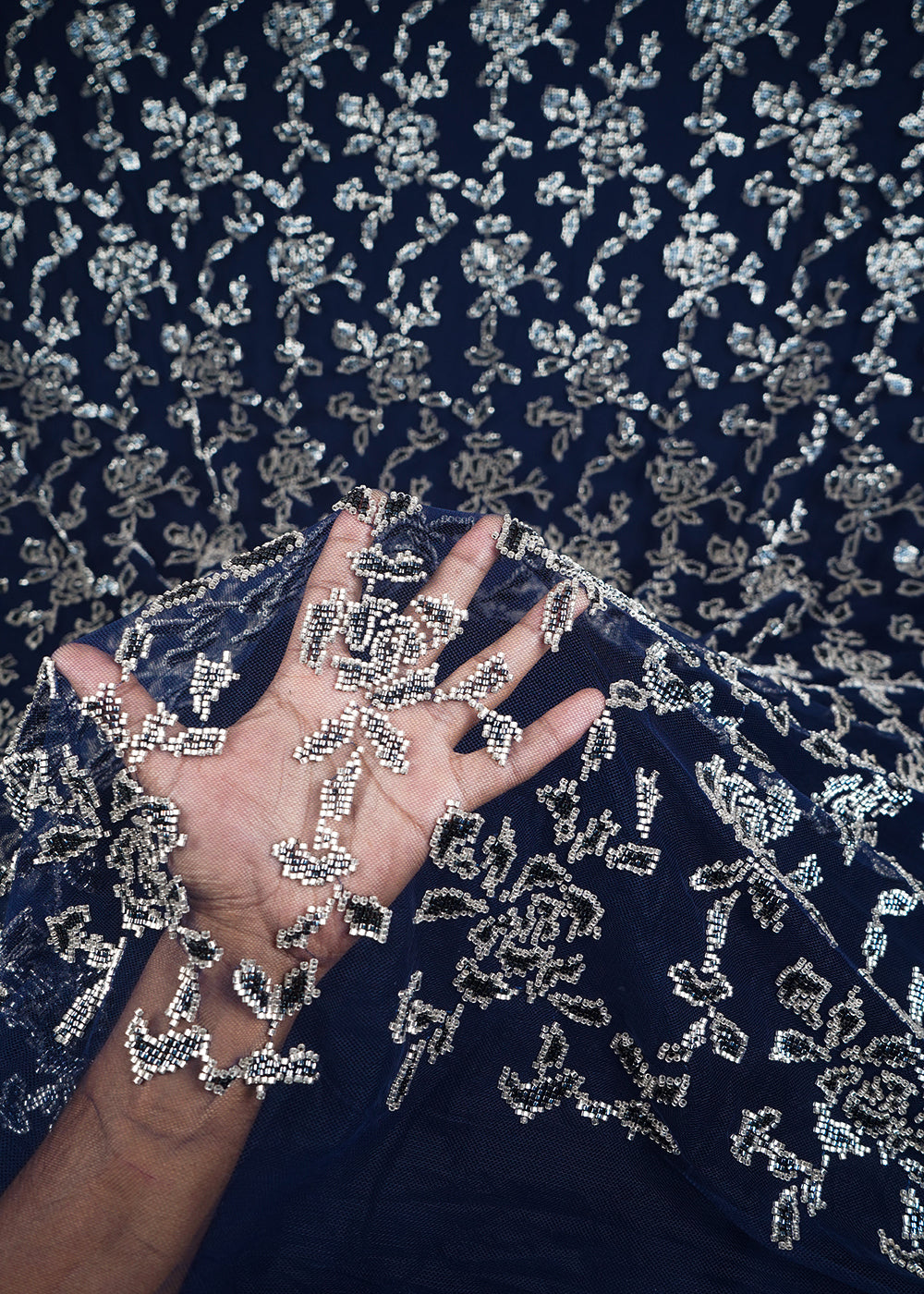 Navy Blue Imported Net Fabric With All Over Katdana Work 24795