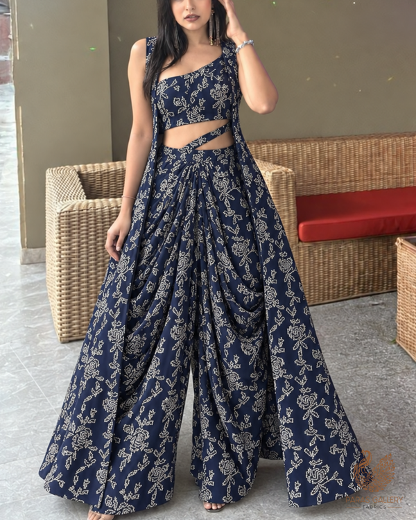 Navy Blue Imported Net Fabric With All Over Katdana Work 24795