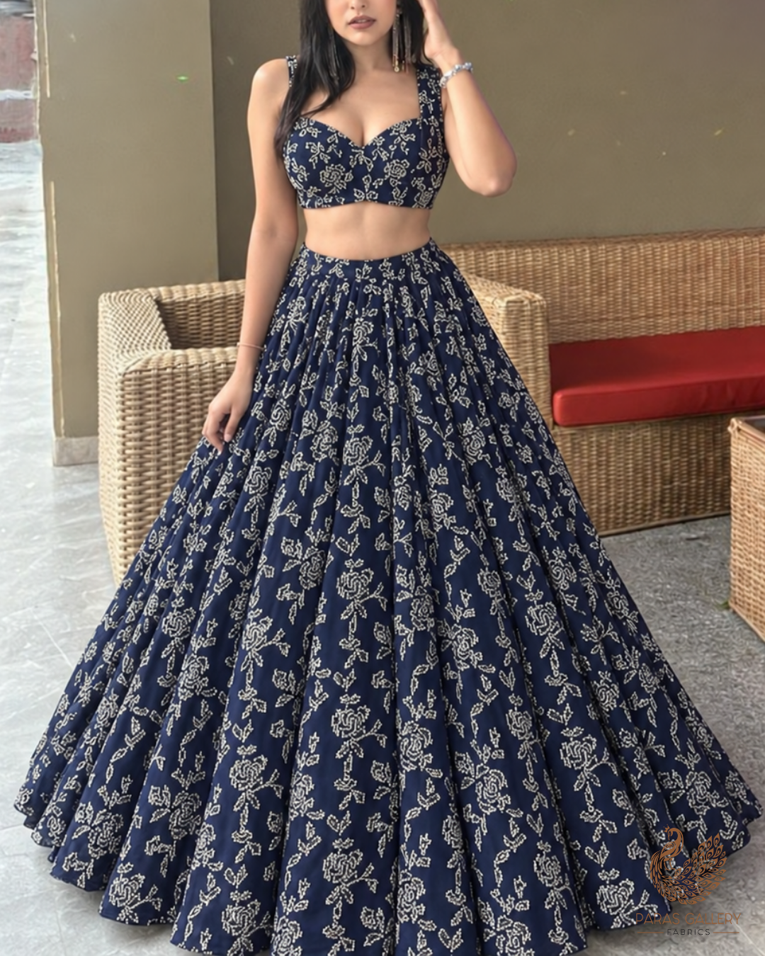 Navy Blue Imported Net Fabric With All Over Katdana Work 24795