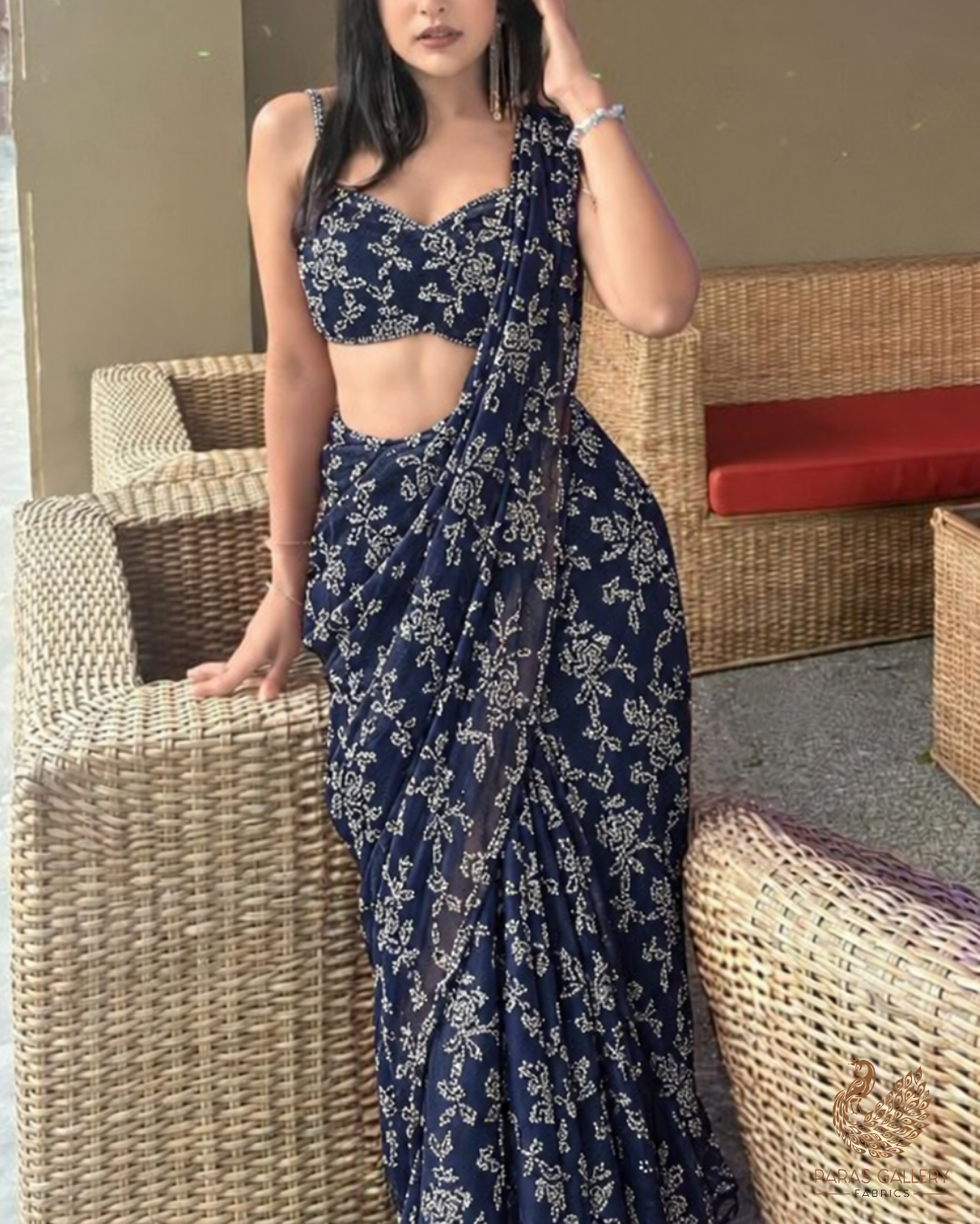 Navy Blue Imported Net Fabric With All Over Katdana Work 24795