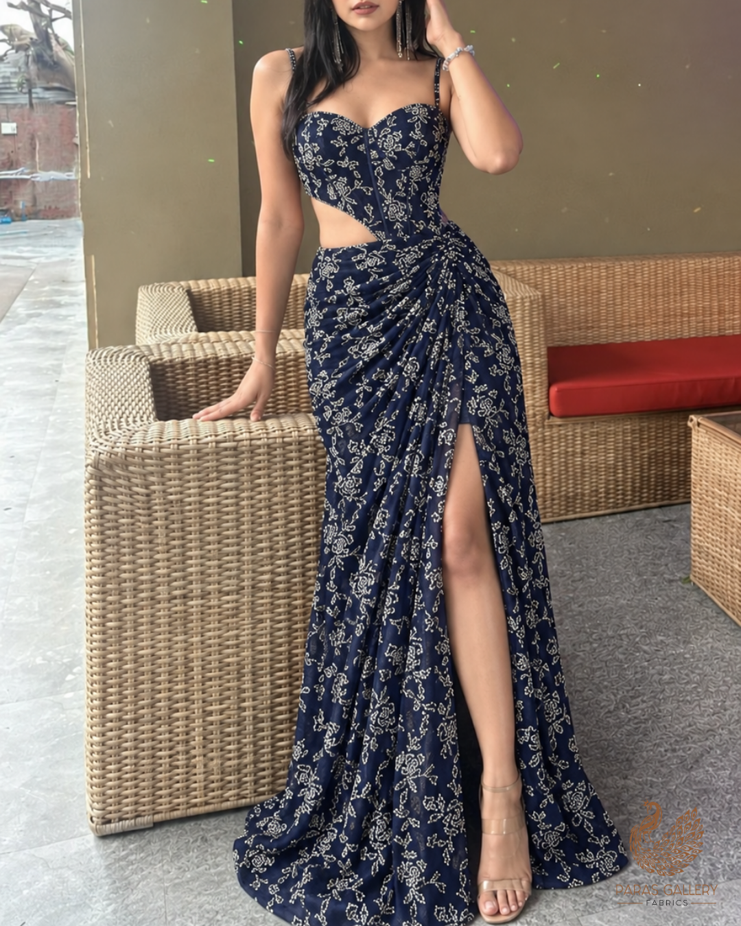 Navy Blue Imported Net Fabric With All Over Katdana Work 24795