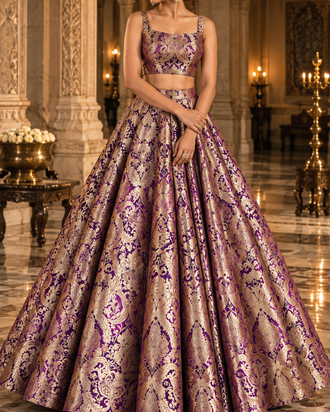 Purple Banarasi Brocade Fabric With All Over Zari And Thread Handloom 24797