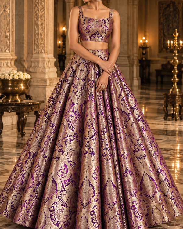Purple Banarasi Brocade Fabric With All Over Zari And Thread Handloom 24797