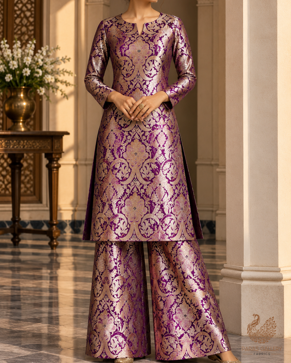 Purple Banarasi Brocade Fabric With All Over Zari And Thread Handloom 24797