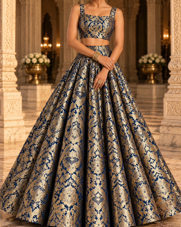 Navy Blue Banarasi Brocade Fabric With All Over Zari And Thread Handloom 24796