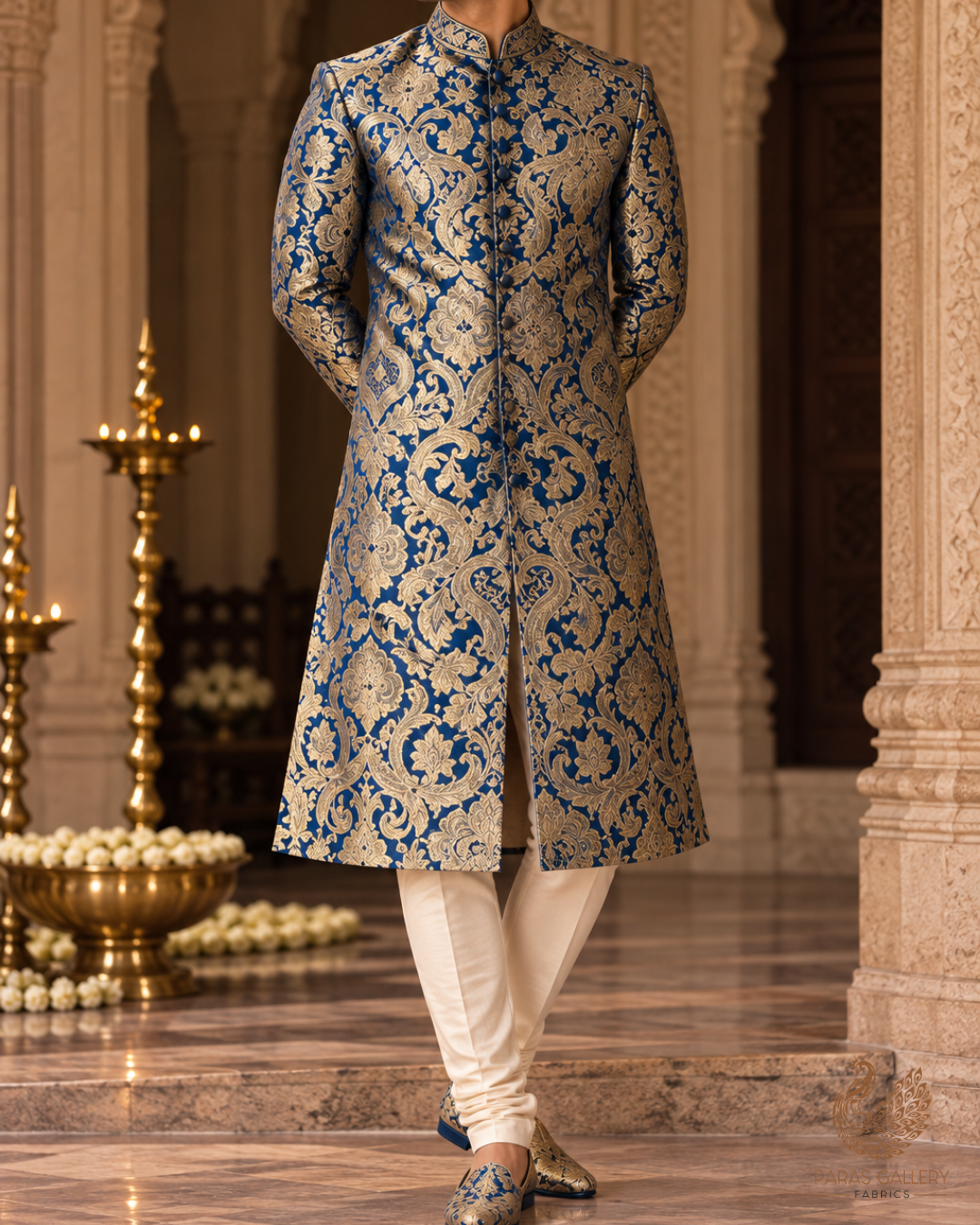 Navy Blue Banarasi Brocade Fabric With All Over Zari And Thread Handloom 24796