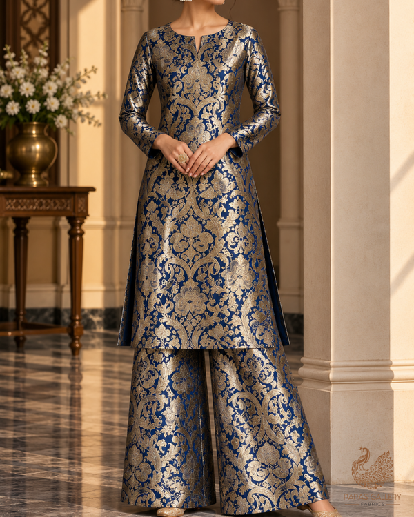 Navy Blue Banarasi Brocade Fabric With All Over Zari And Thread Handloom 24796