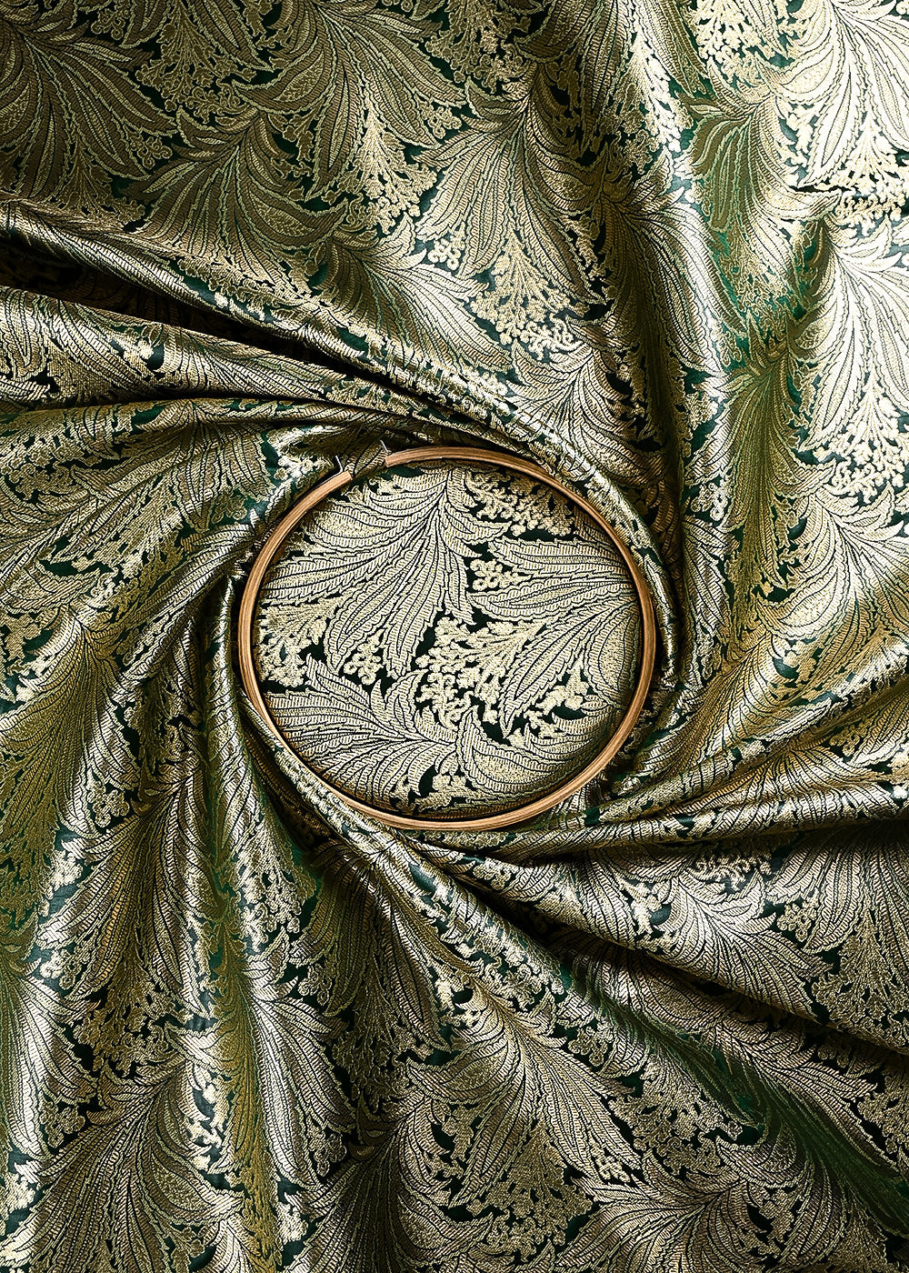 Bottle Green Banarasi Brocade Fabric With All Over Thread And Zari Handloom 24801