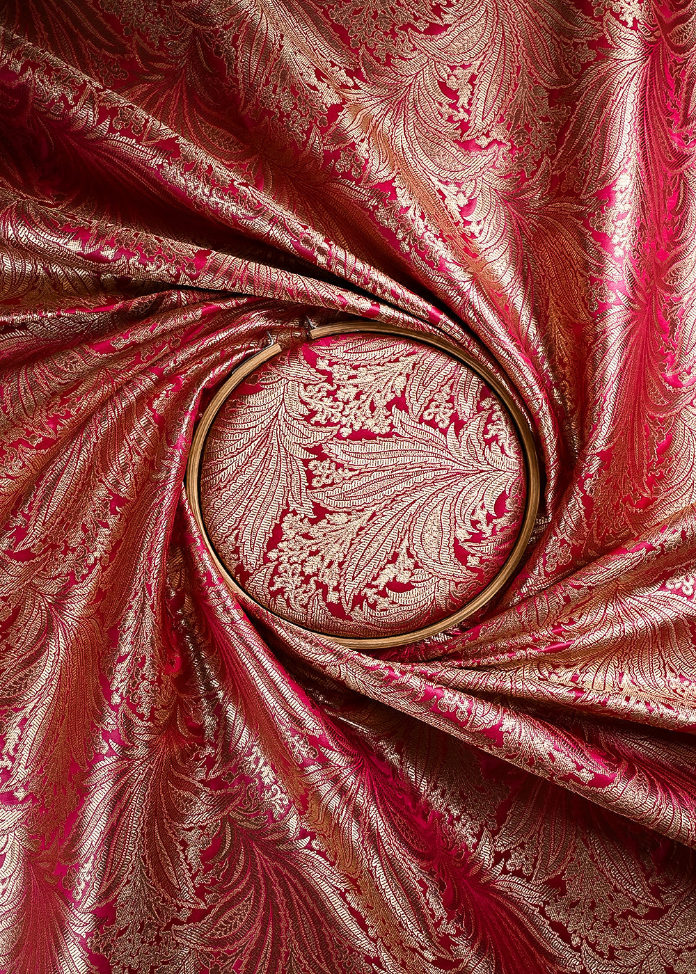 Rani Pink Banarasi Brocade Fabric With All Over Thread And Zari Handloom 24803