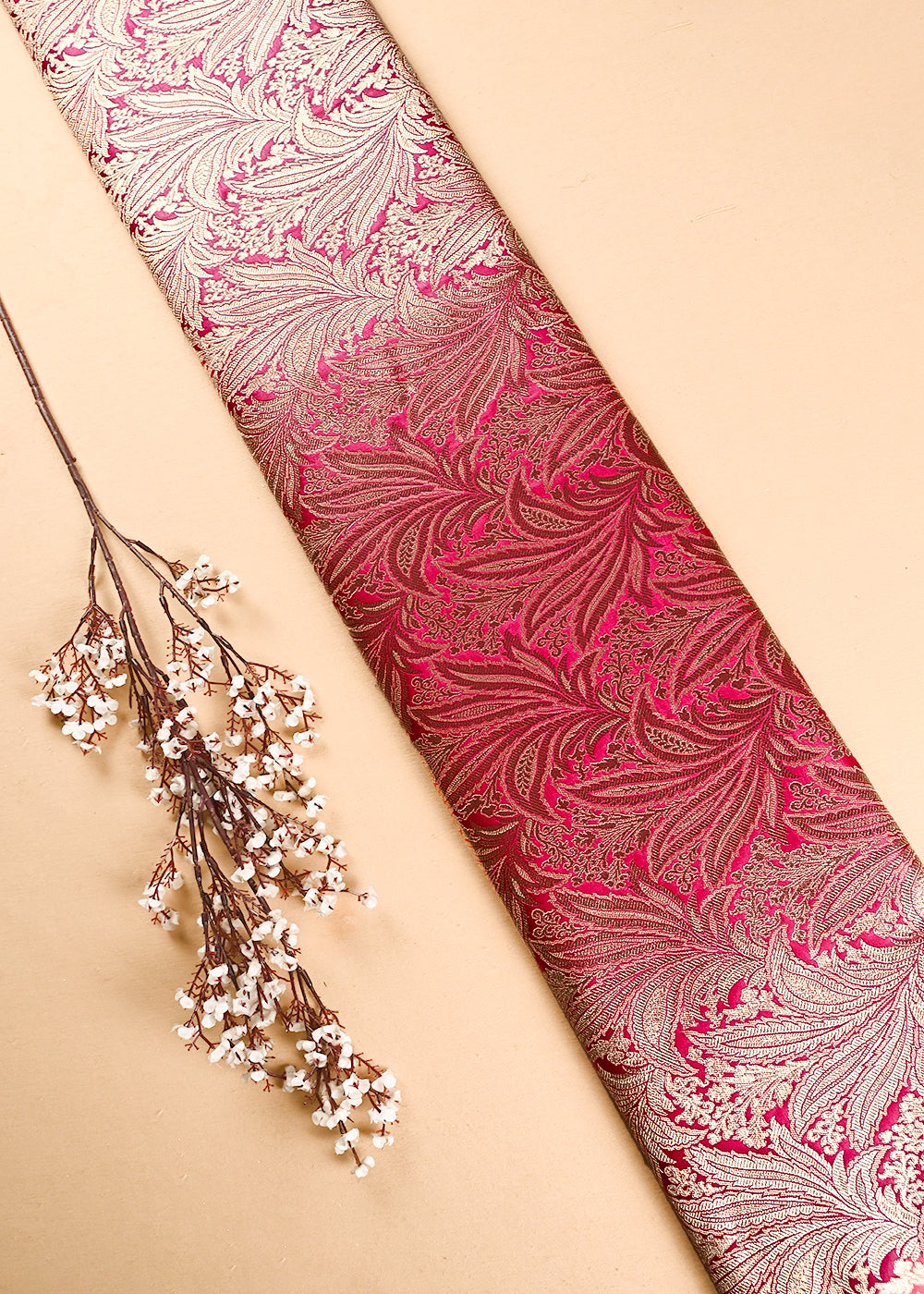 Rani Pink Banarasi Brocade Fabric With All Over Thread And Zari Handloom 24803