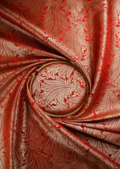 Red Banarasi Brocade Fabric With All Over Thread And Zari Handloom 24804