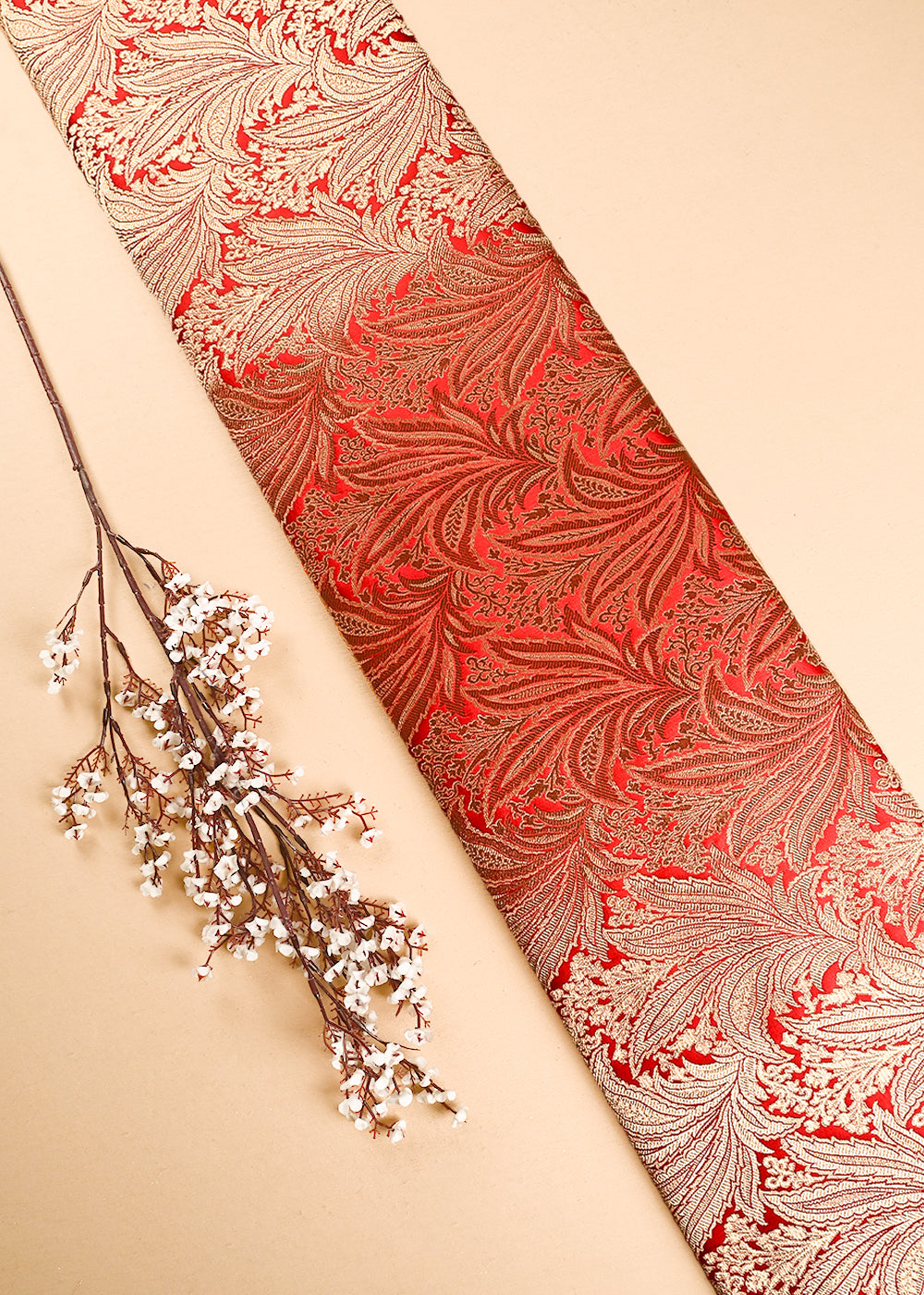 Red Banarasi Brocade Fabric With All Over Thread And Zari Handloom 24804