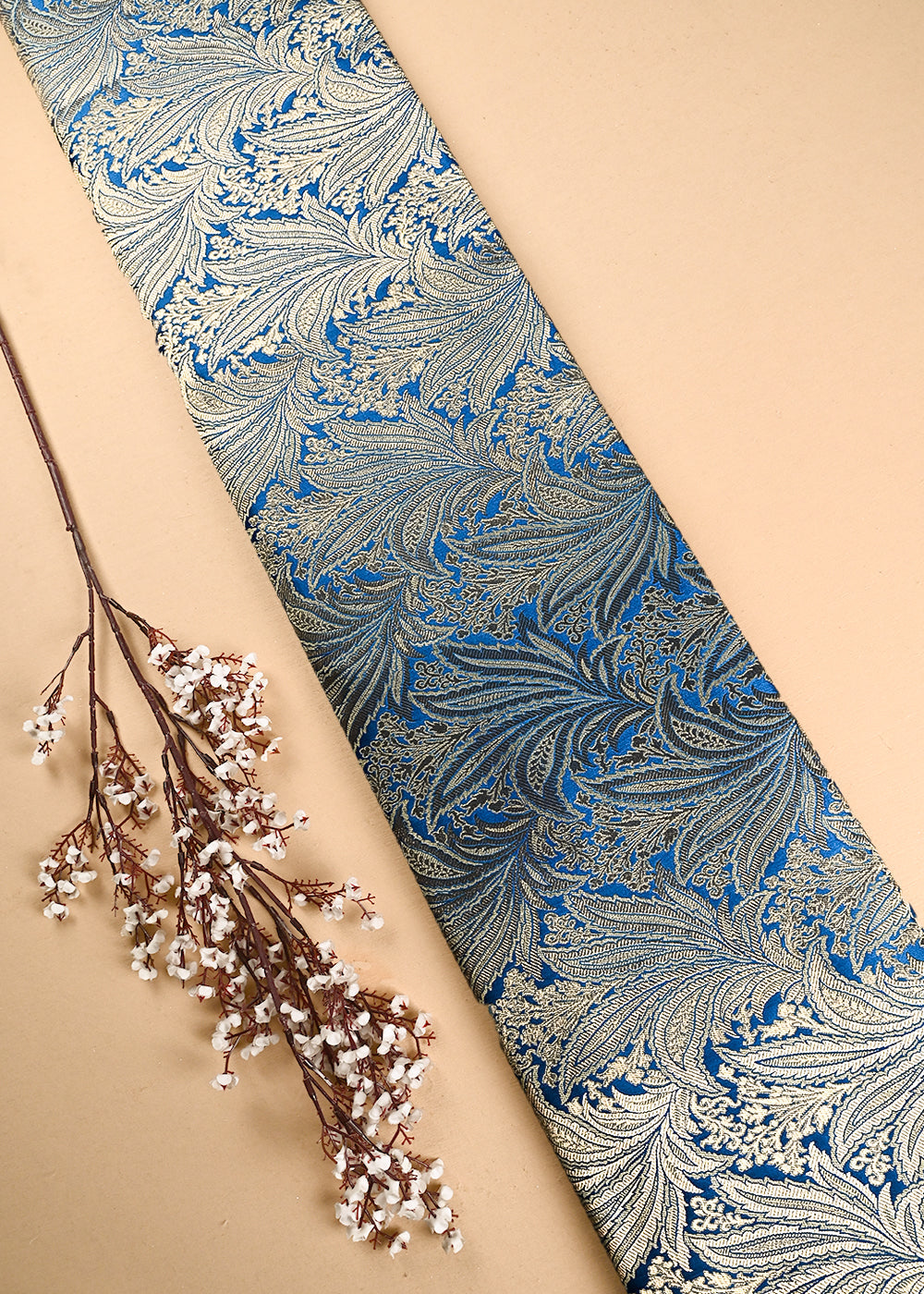 Blue Banarasi Brocade Fabric With All Over Thread And Zari Handloom 24805