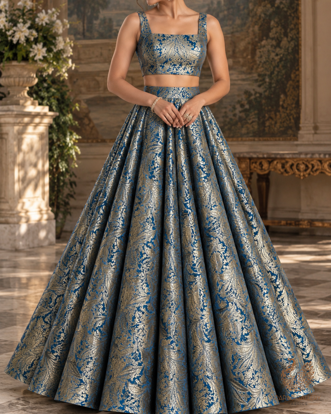 Blue Banarasi Brocade Fabric With All Over Thread And Zari Handloom 24805